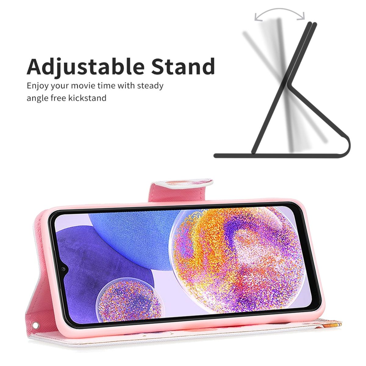 Rosa Handyhülle mit einem Telefon darin. Es steht mit einem Ständer auf.