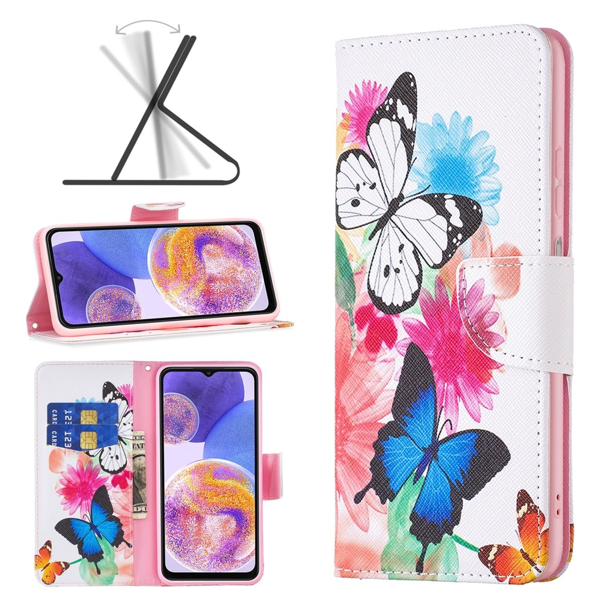 Handyhülle mit Schmetterlingsdesign. Rosa Blumen, weißer Hintergrund. Telefon in geöffneter Position.