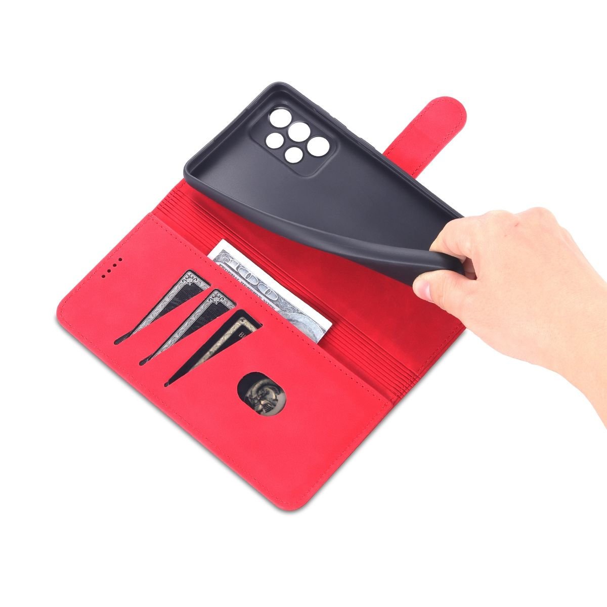 Rote Brieftasche-Handyhülle mit Schlitzen, hält Geld. Hand hält die Handyhülle.