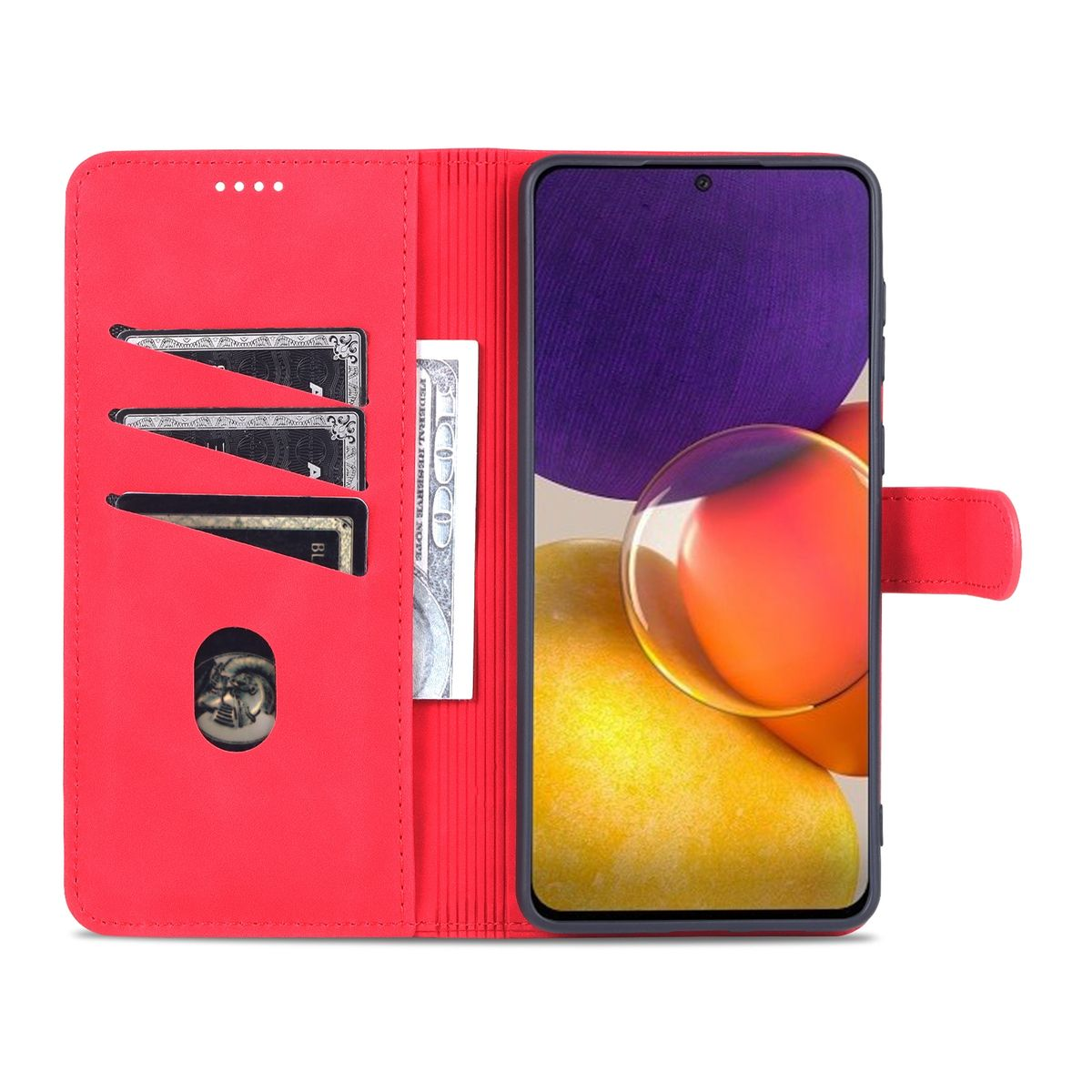 Rote Brieftaschen-Handyhülle mit Karten und Geld. Telefonbildschirm sichtbar.