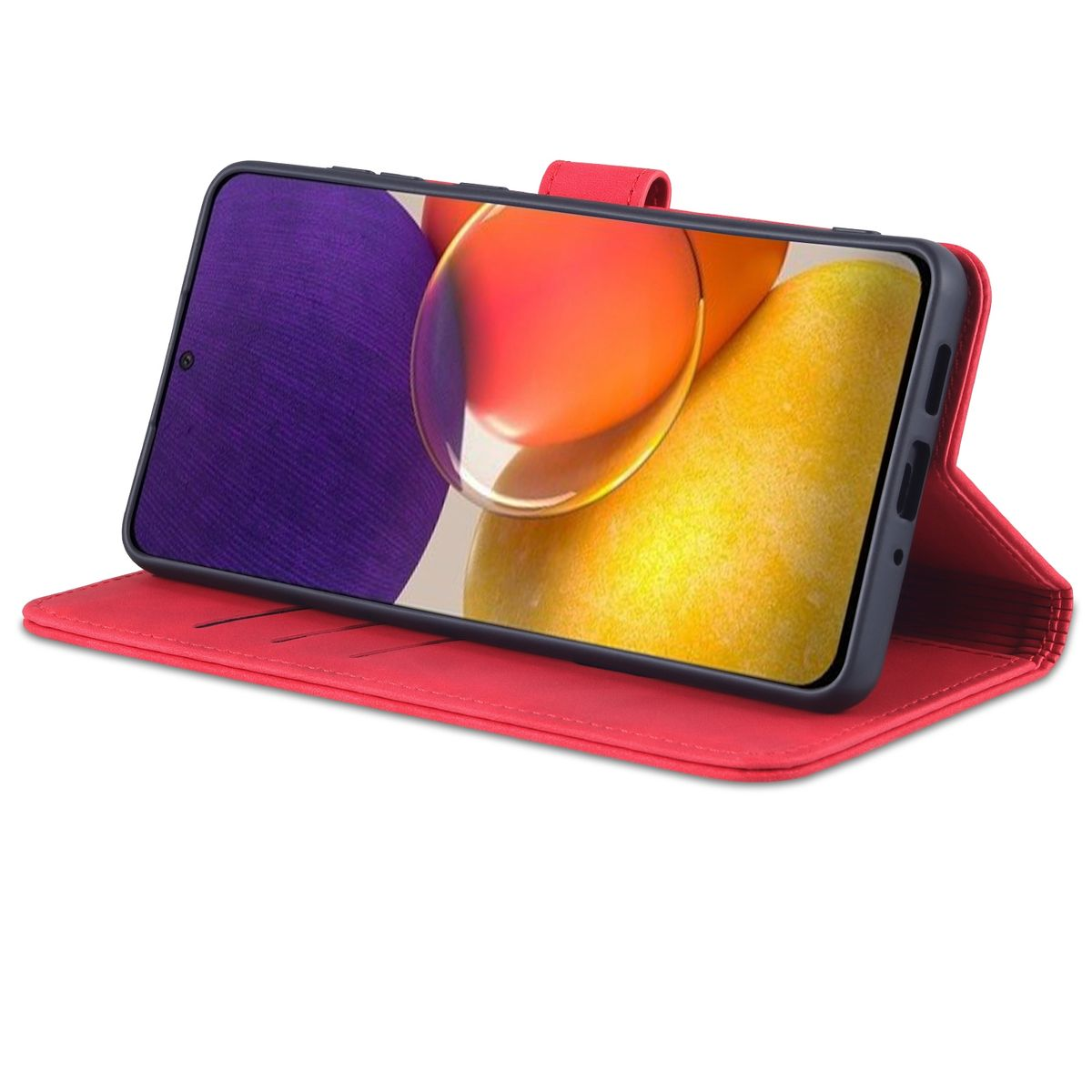 Rote Handyhülle mit Telefon darin, zeigt einen bunten Bildschirm.
