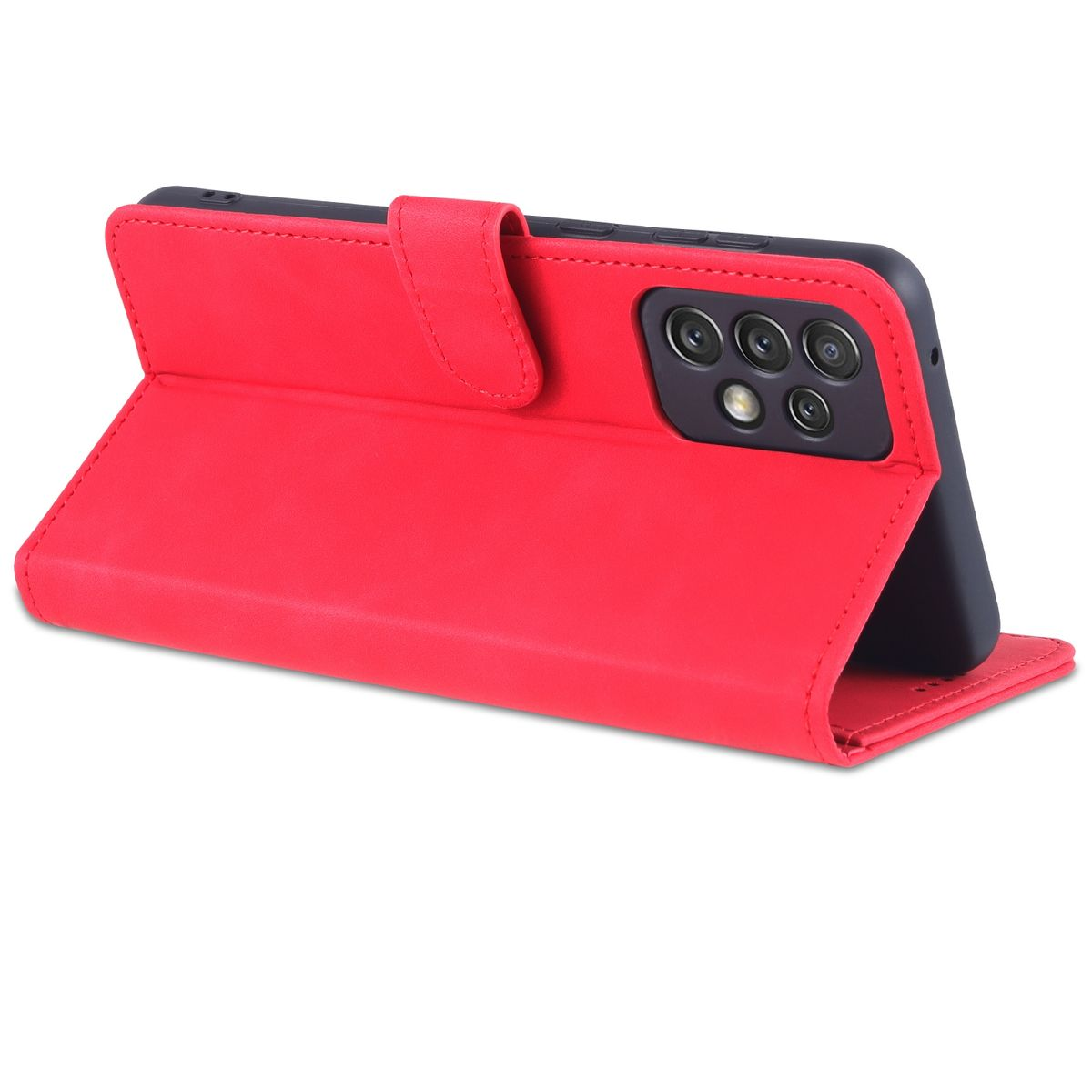 Rote Handyhülle, geöffnet und zeigt das Telefon im Inneren. Es ist aus Leder.