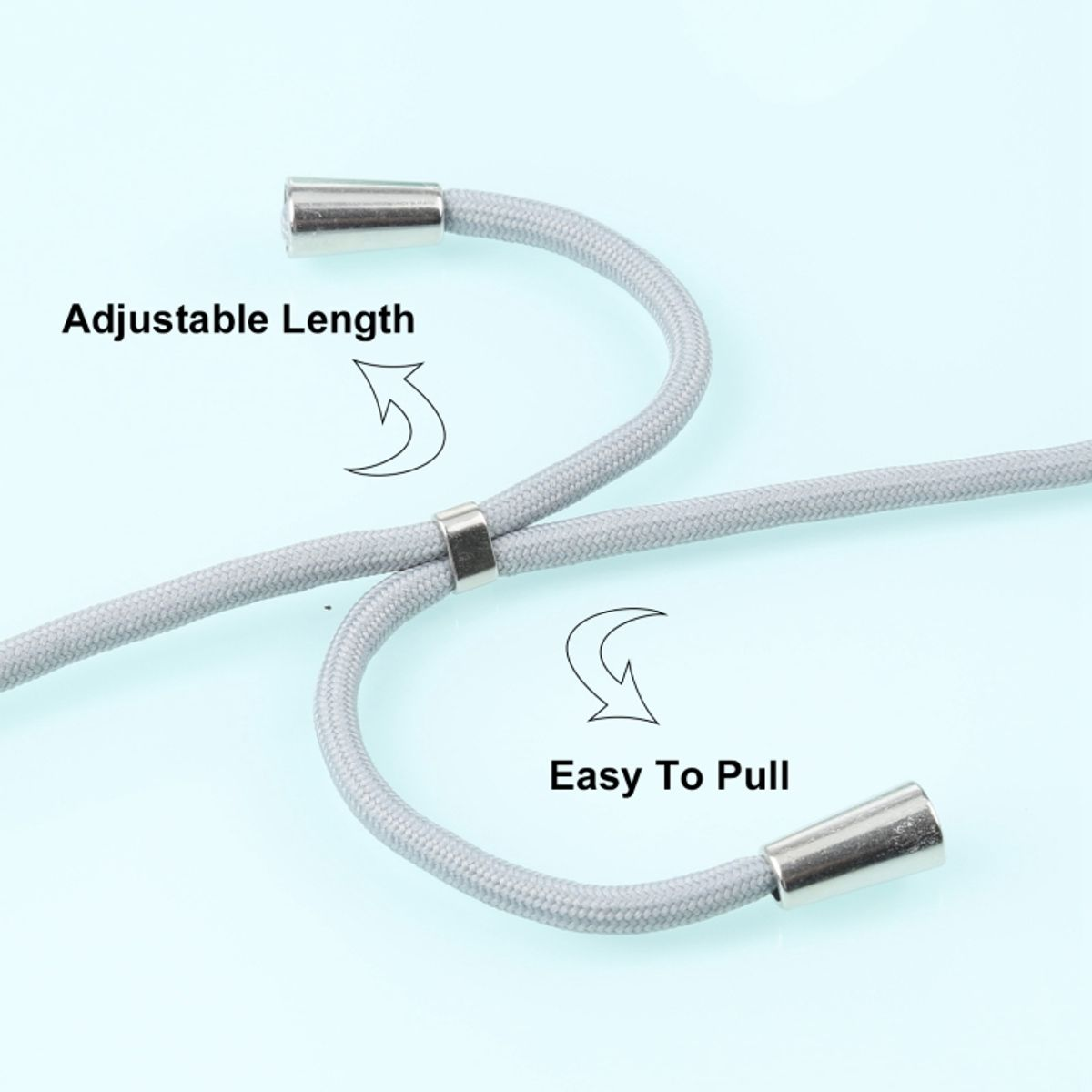 Graues Kabel mit silbernen Enden und Markierungen für einstellbare Länge und einfaches Ziehen.