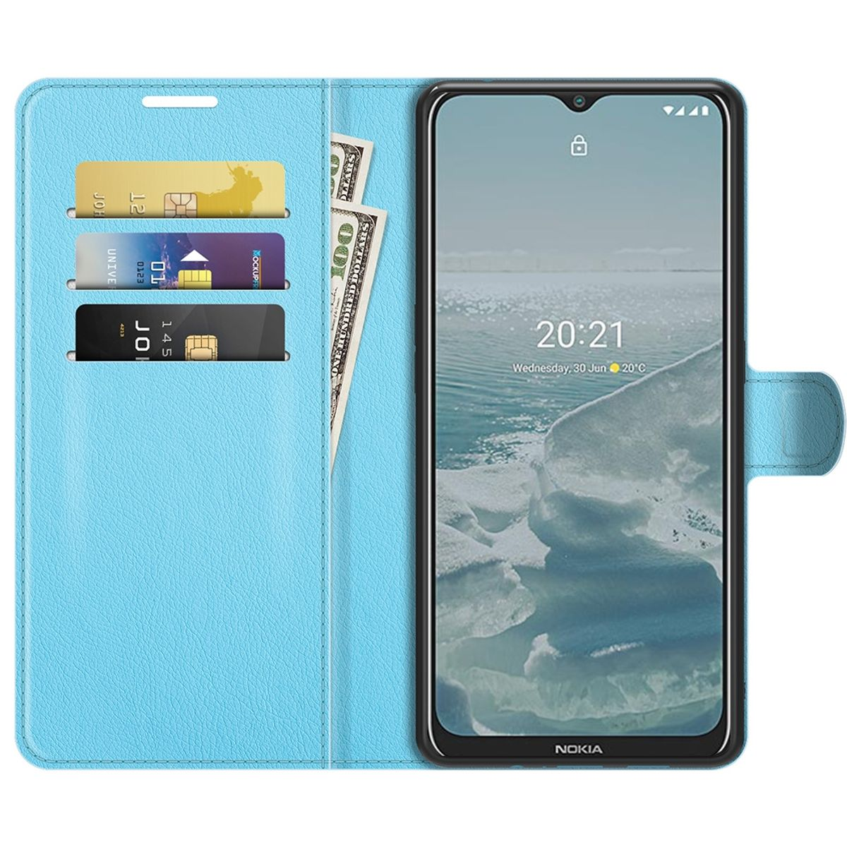 Offene Handyhülle mit Telefon, Kreditkarten und Bargeld. Blaues Ledermaterial.