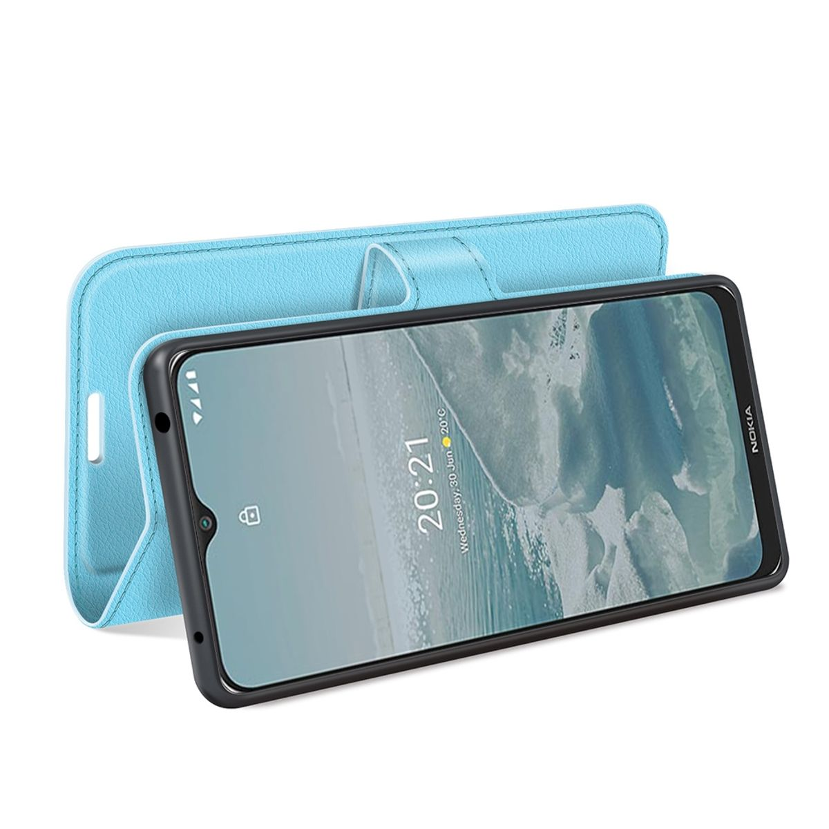 Eine blaue Handyhülle mit einem Telefon darin, das den Bildschirm zeigt. Das Telefon hat einen schwarzen Rahmen.