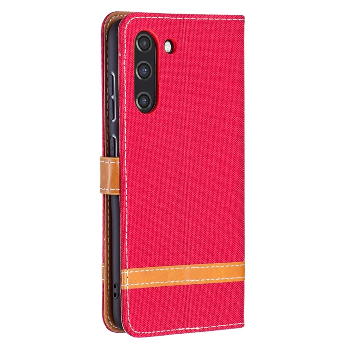 Rote Handyhülle mit einem Telefon darin. Die Hülle hat einen braunen lederartigen Streifen und einen Magnetverschluss.