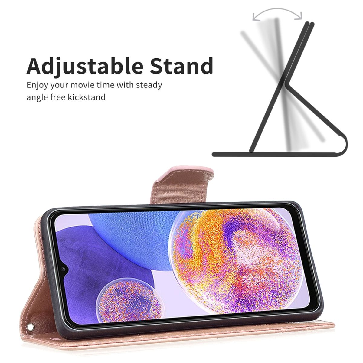 Handyhülle mit Telefon, verstellbarem Ständer. Rosa Hülle mit Bildschirm, der bunte Formen zeigt.