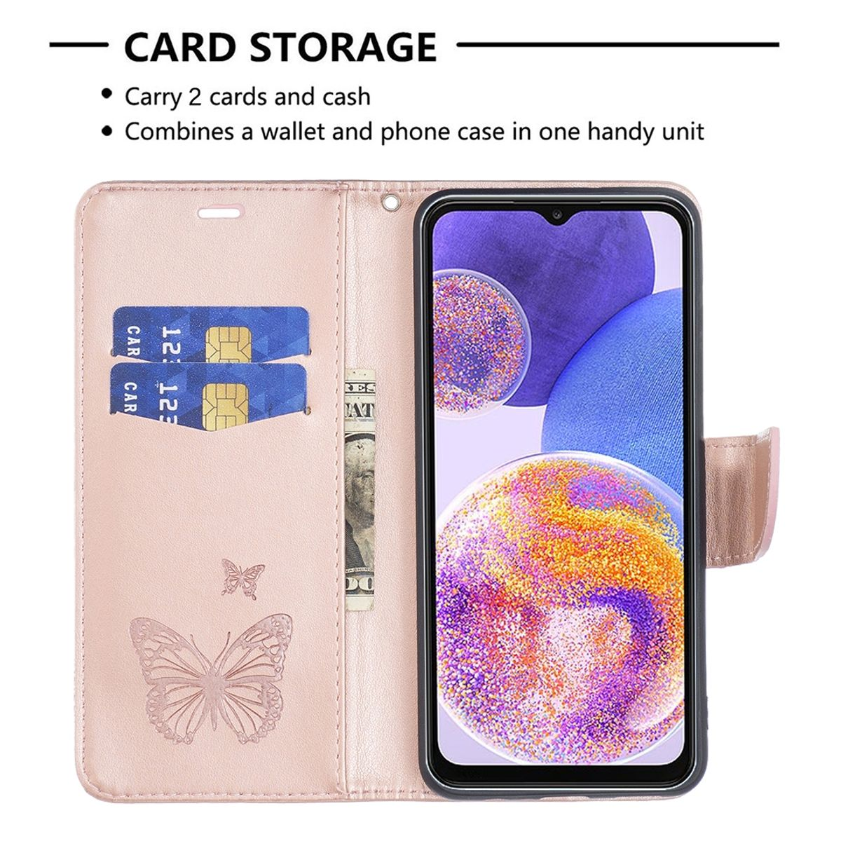 Geöffnete rosa Handyhülle mit Telefon, Karten und Bargeld. Schmetterlingsdesign innen.