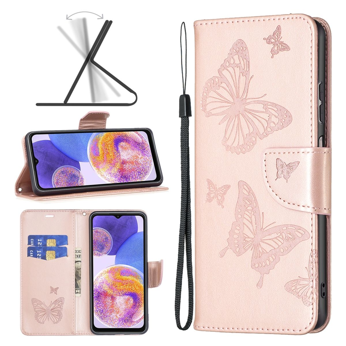 Rosa Handyhülle mit Schmetterlingsdesign, offen und zeigt ein Telefon. Mit Kartenfach und Ständer.