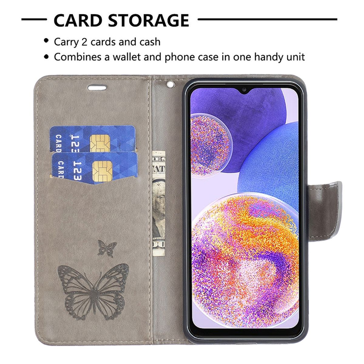 Geöffnete Handyhülle, zeigt Karten, Dollar und Telefon mit Karten-Info.