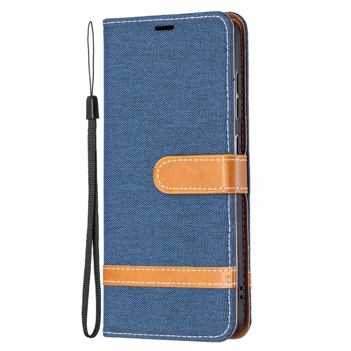Blaue Canvas-Handyhülle mit braunen Lederakzenten. Zeigt Telefonriemen und Druckknopfverschluss. Weiße Nahtdetails.