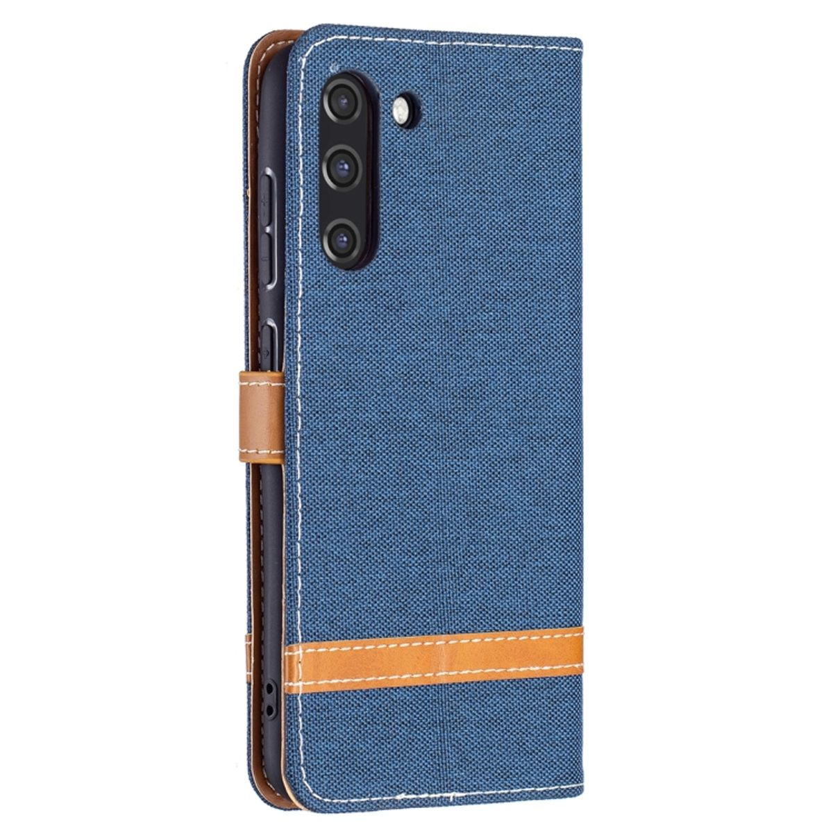 Eine blaue Handyhülle mit braunem Streifen und einem Telefon darin. Die Hülle hat einen braunen Lederriemen.