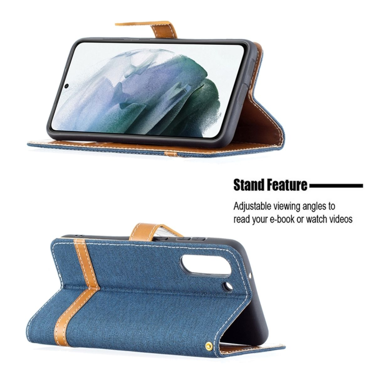 Blaue Handyhülle mit Telefon, geöffnet und angewinkelt. Die Hülle hat eine Standfunktion.