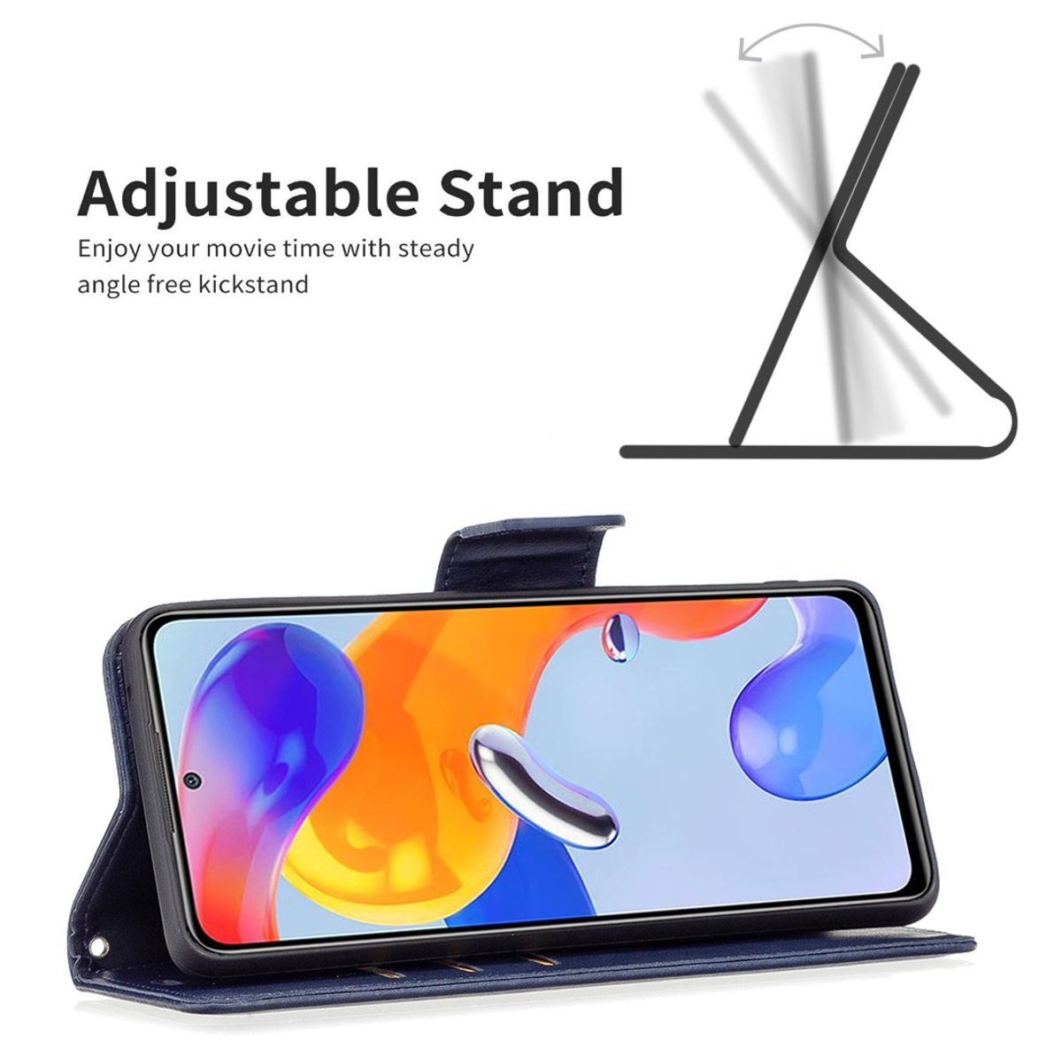 Blaue Handyhülle mit einem Telefon darin im Standmodus. Text: Verstellbarer Ständer.