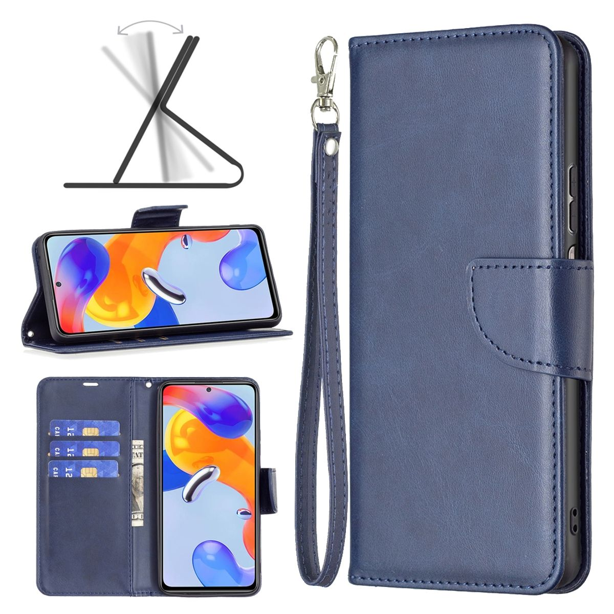 Eine blaue Handyhülle ist geöffnet und zeigt ein Telefon im Standmodus. Die Hülle hat Kartenfächer und einen Riemen.