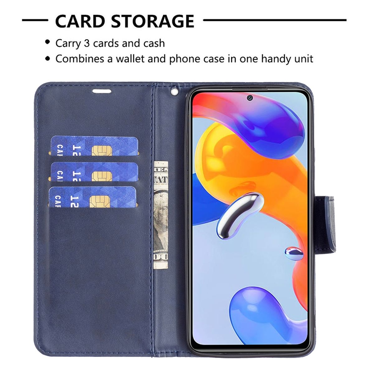 Blaue Handyhülle mit einem Telefon darin. Das Etui ist offen und zeigt Karten und Geld.