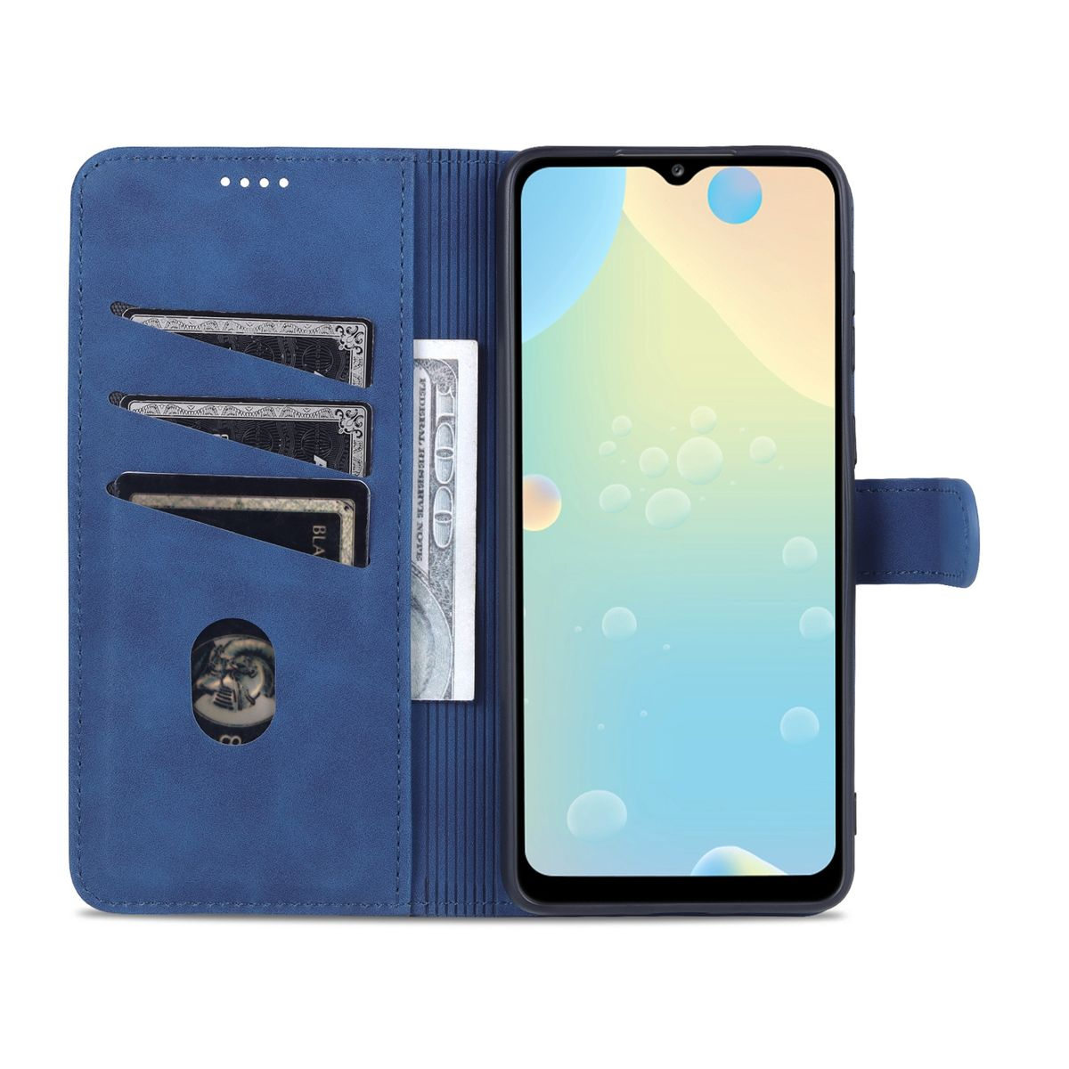 Eine blaue Handyhülle mit Telefon, zeigt Kreditkartenfächer und einen Hundert-Dollar-Schein.