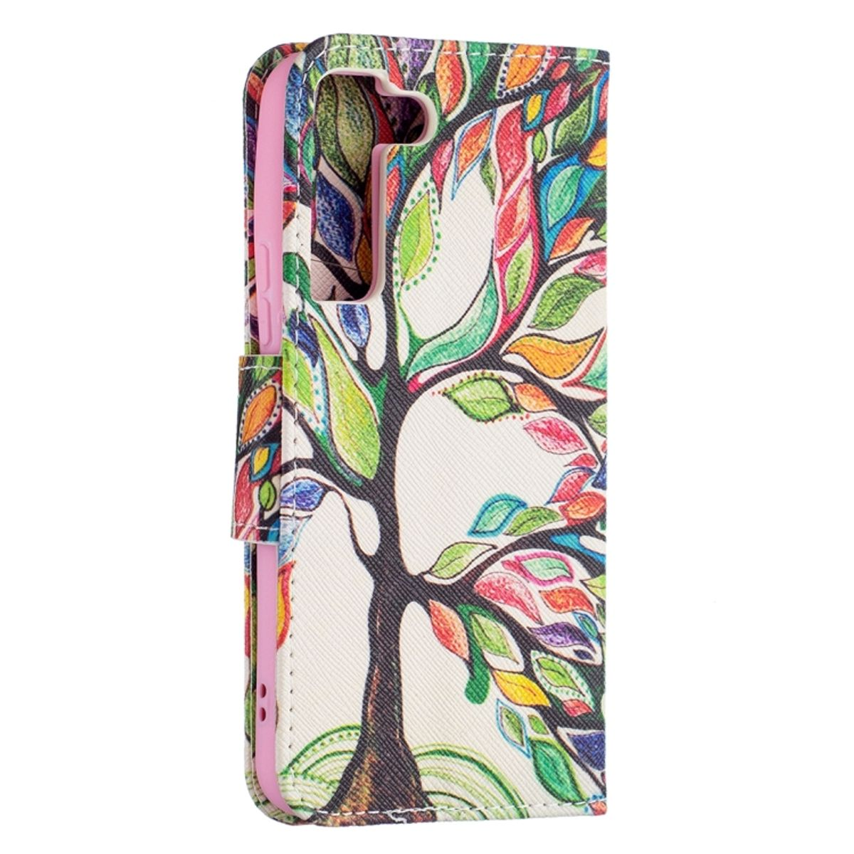 Handyhülle mit farbenfrohem Baumdesign. Die Hülle ist geöffnet, das Telefon ist sichtbar.