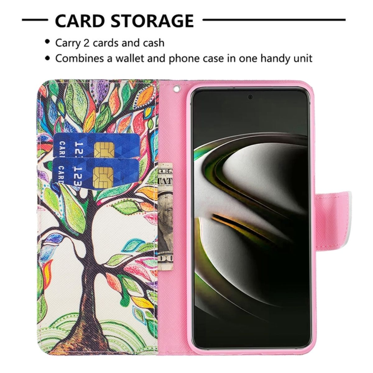 Eine rosa Brieftasche mit buntem Baumdesign, die Karten und Bargeld hält, neben einem Telefon.