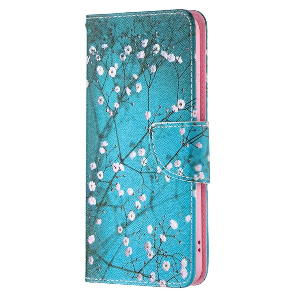 Eine blaue Handyhülle mit Blumenmuster. Die Hülle hat ein Blumendesign auf blauem Hintergrund.
