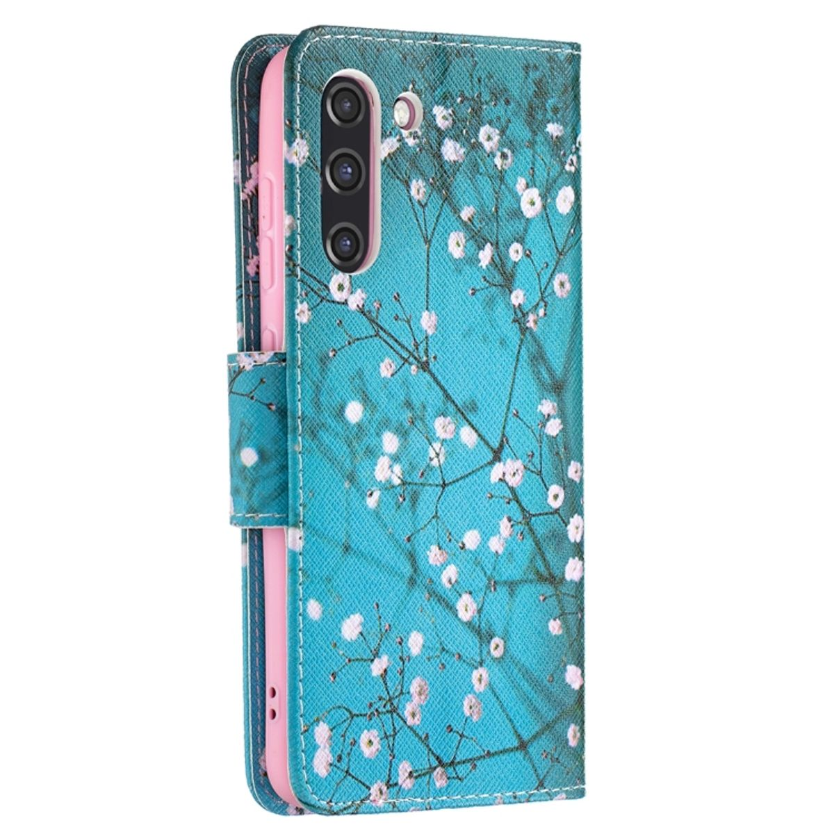 Eine türkis Handyhülle mit floralem Design und pinkfarbenem Innenraum.