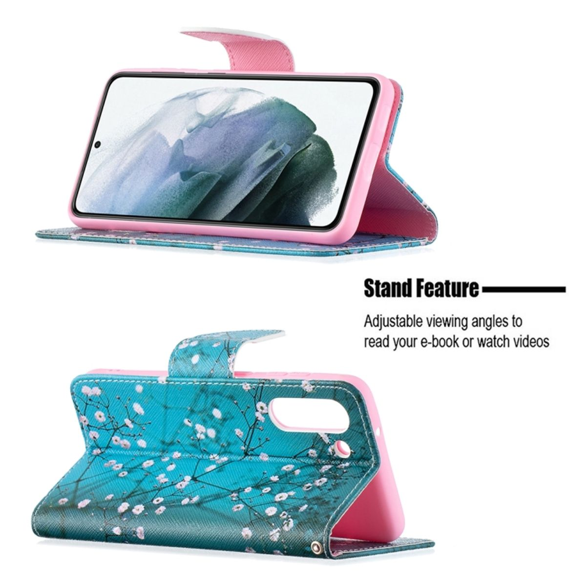 Telefon in rosa und blauem Case. Draufsicht zeigt Telefon, Unteransicht zeigt Telefon in Standposition.