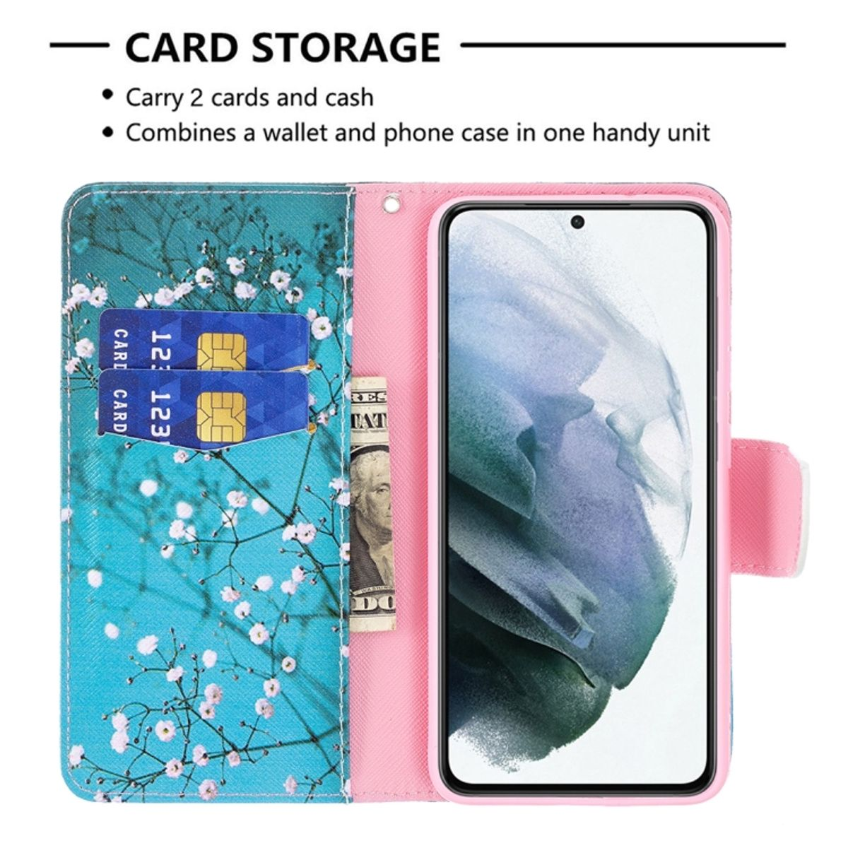 Geöffnete Handyhülle mit floralem Muster, mit Karten, Geld und einem Telefon darin.