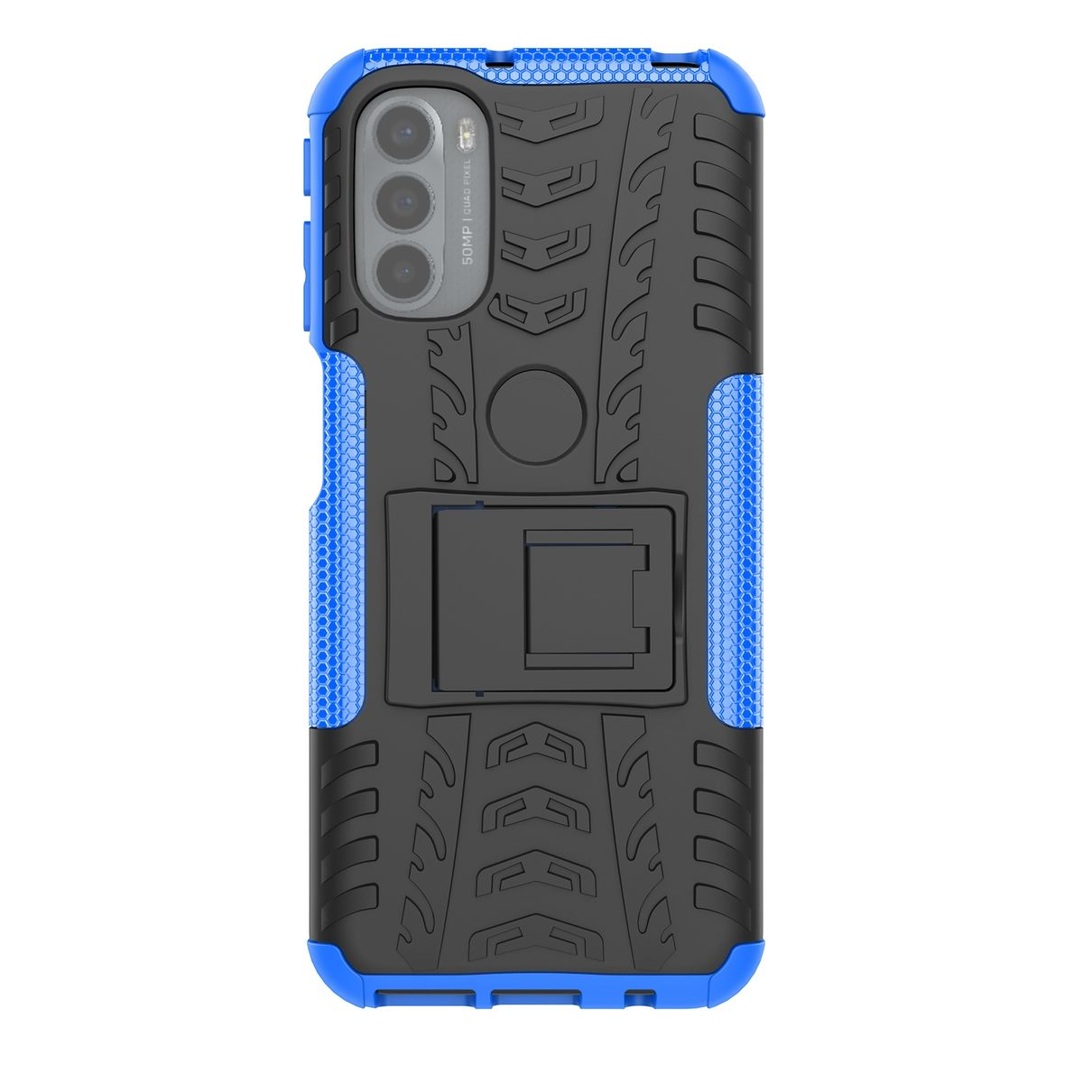 Eine schwarz-blaue Handyhülle mit Ständer und strukturiertem Design.