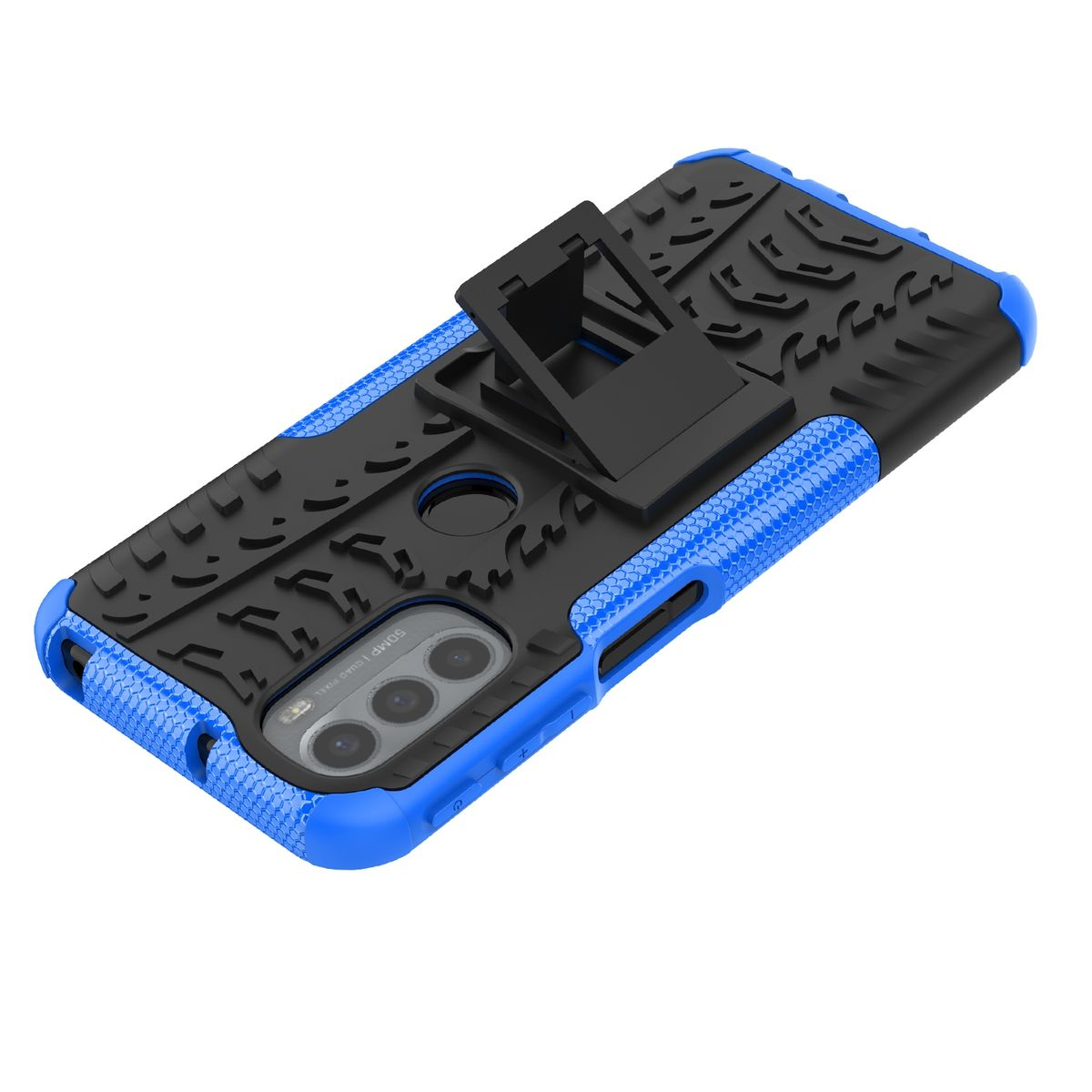 Blau-schwarze Handyhülle mit Ständer. Schwarzes strukturiertes Design. Telefon mit Kameras sichtbar.