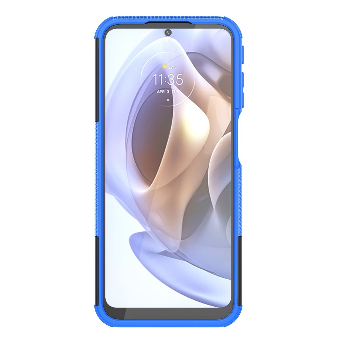 Eine blaue Handyhülle schützt ein Smartphone. Es hat einen blauen Rahmen und einen schwarzen Bildschirm.