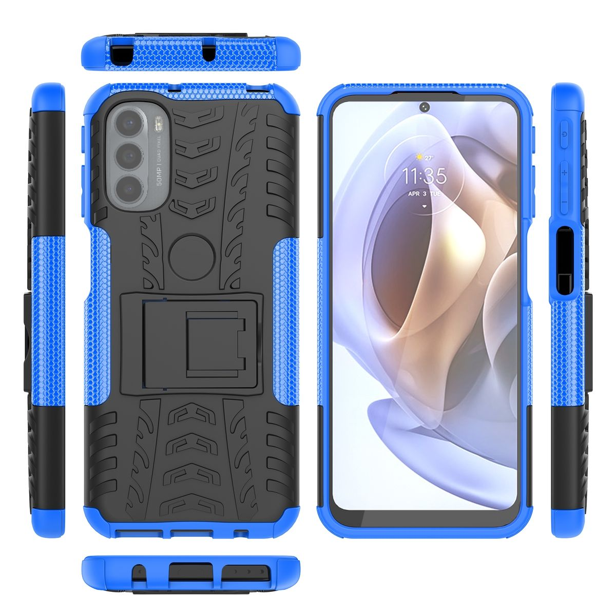 Blaue Handyhülle mit schwarz-blauem Design, mehrere Winkel werden gezeigt. Schwarzes Telefon darin.
