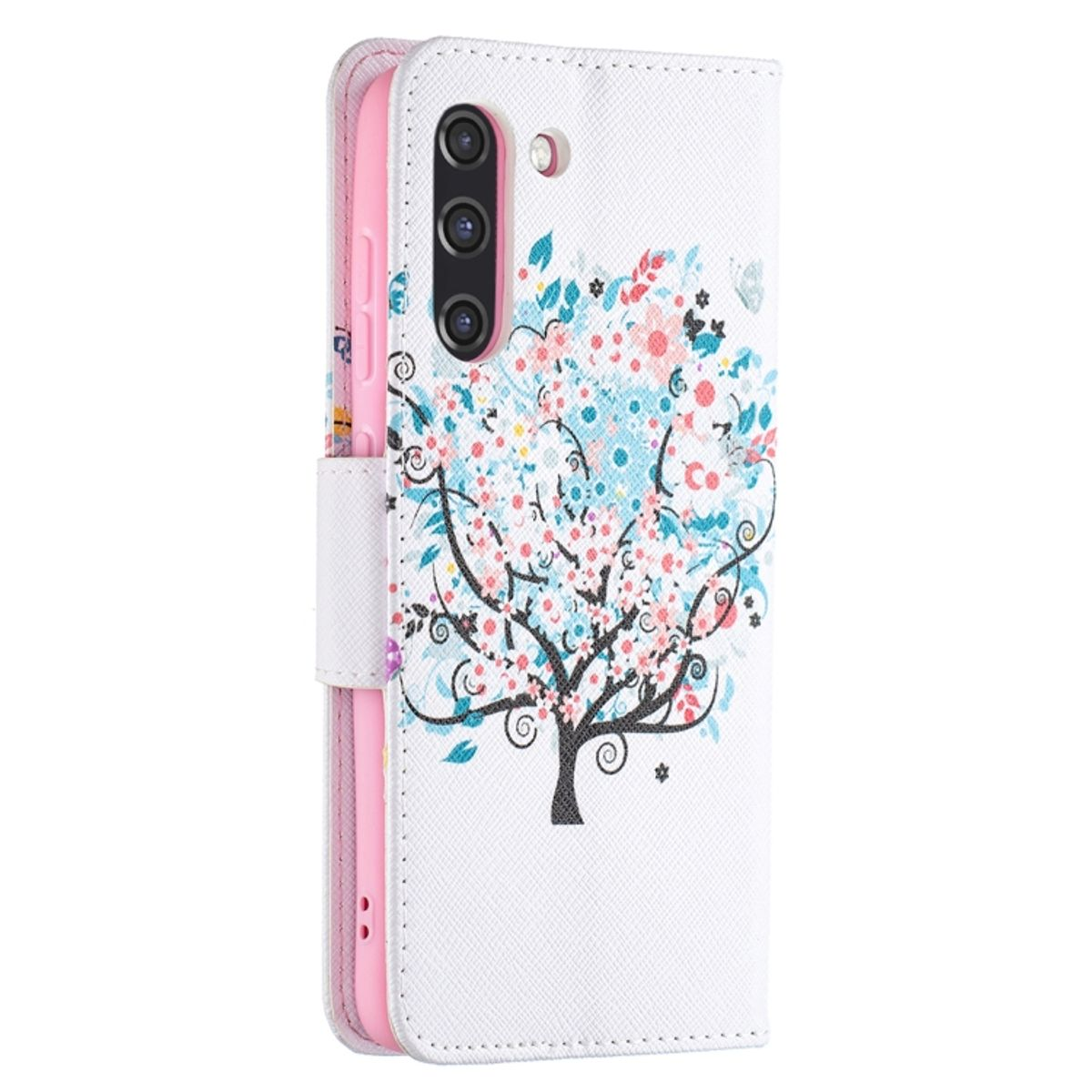 Weiße Handyhülle mit floralem Design. Das Telefon ist darin. Auf der Hülle ist ein kleiner Baum.