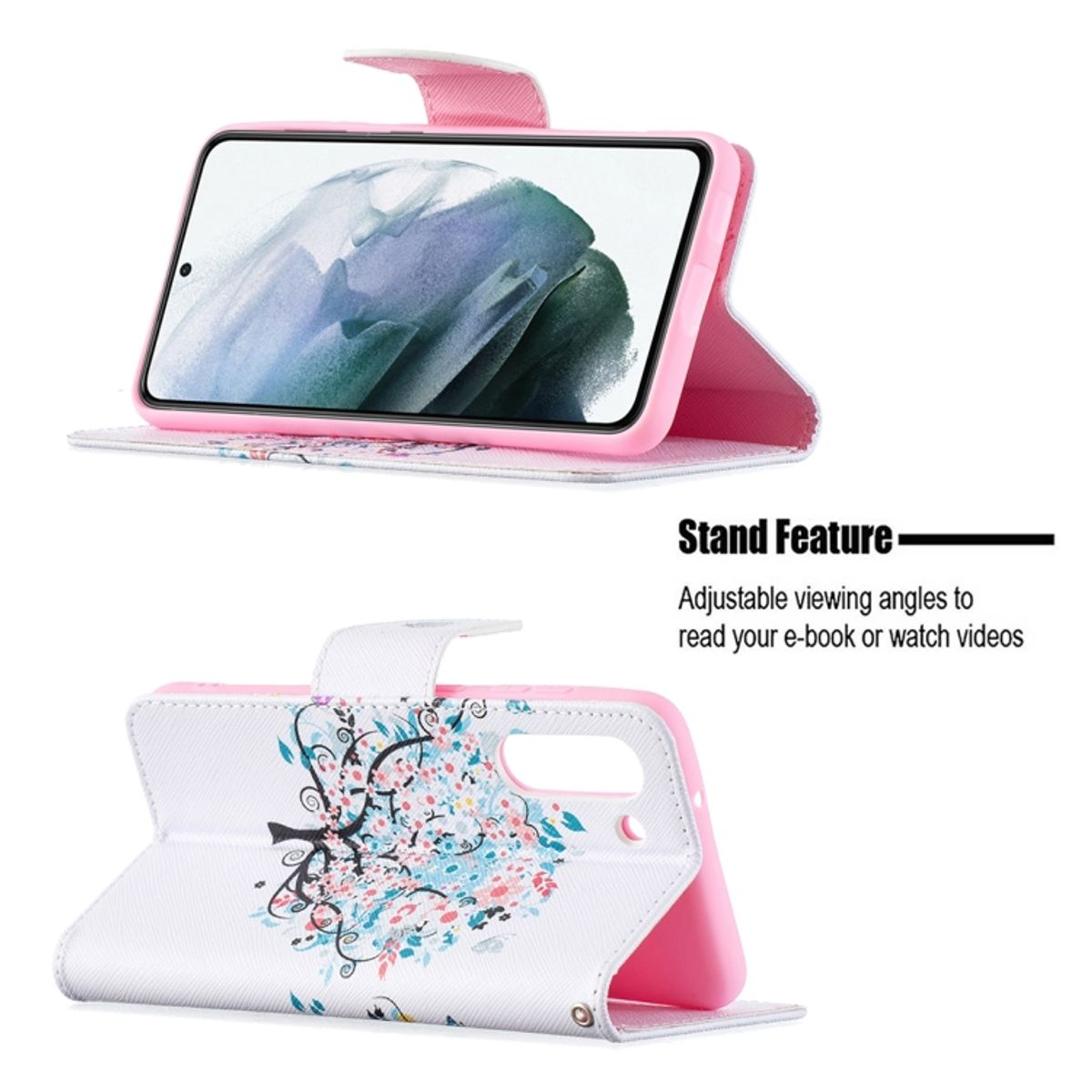 Rosafarbene Handyhülle mit Blumendesign, geöffnet, mit dem Telefon darin, das die Standfunktion zeigt.