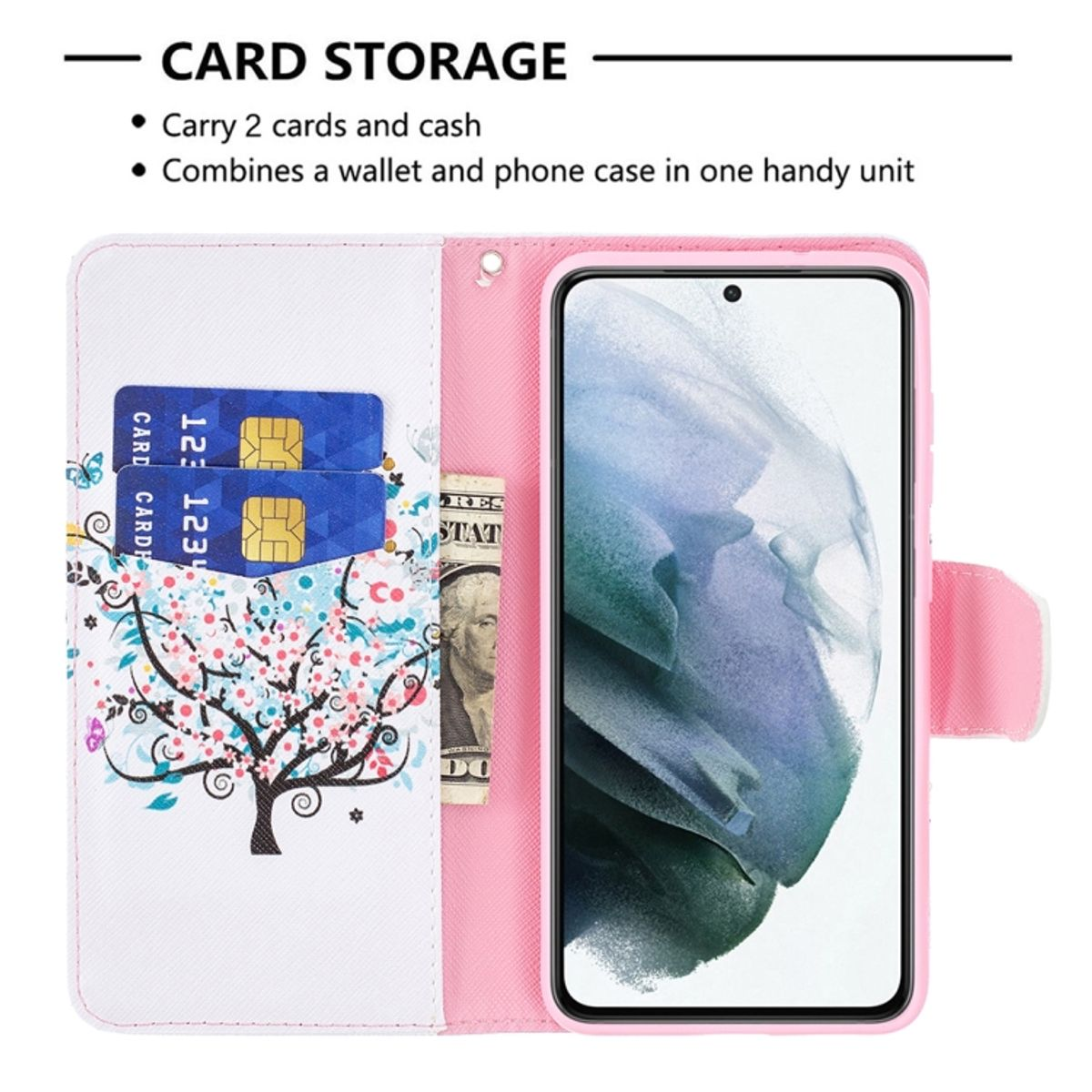 Eine rosa Handyhülle, geöffnet, mit Karten und Bargeld in den Fächern. Ein Telefon ist sichtbar.