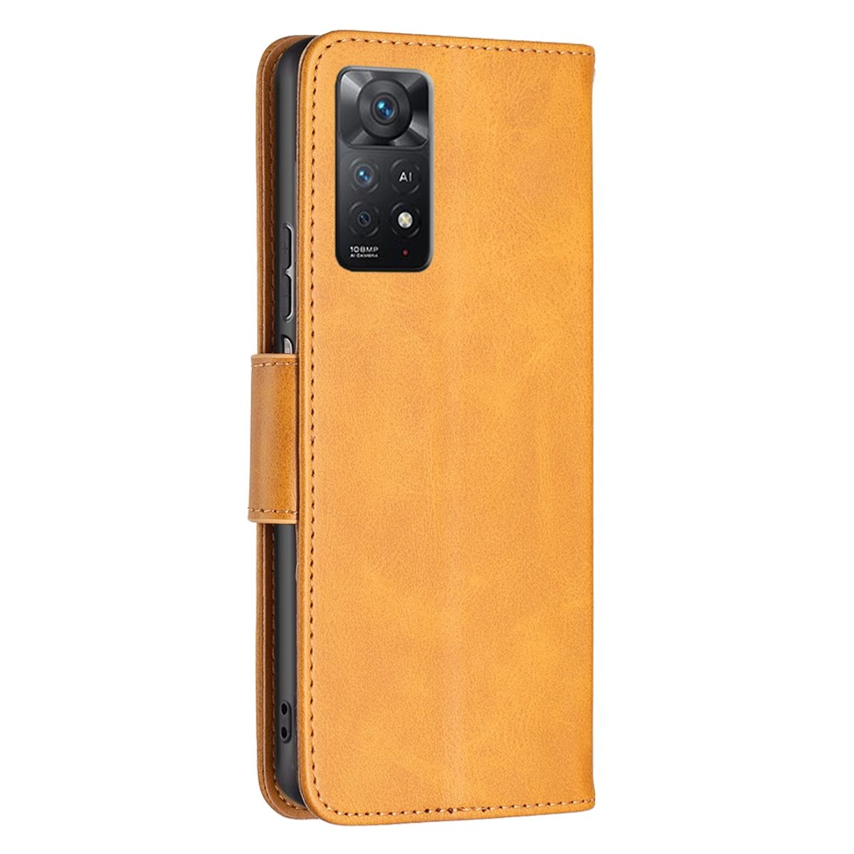 Orangefarbene Handyhülle, geschlossen. Telefonkamera sichtbar. Leder. Einfaches Design.