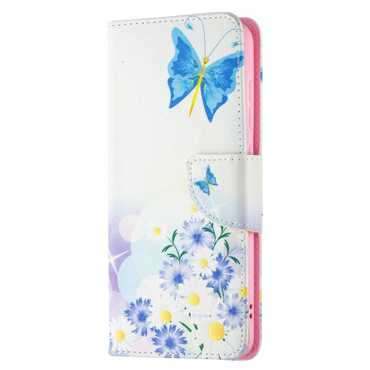Weiße Handyhülle mit blauen Schmetterlingen und Blumen. Rosa Innenausstattung.