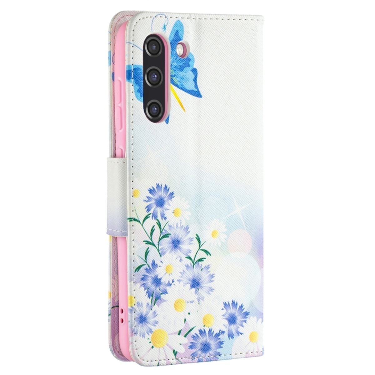 Weiße Handyhülle mit blauem Blumen- und Schmetterlingsmuster, offen auf einem Tisch.