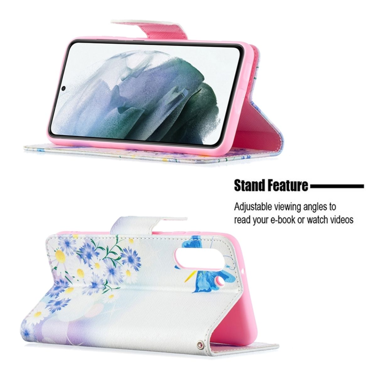 Rosa Blumen-Handyhülle mit Telefon. Das Telefon zeigt einen Bildschirm und die Hülle lässt sich in einen Ständer klappen.