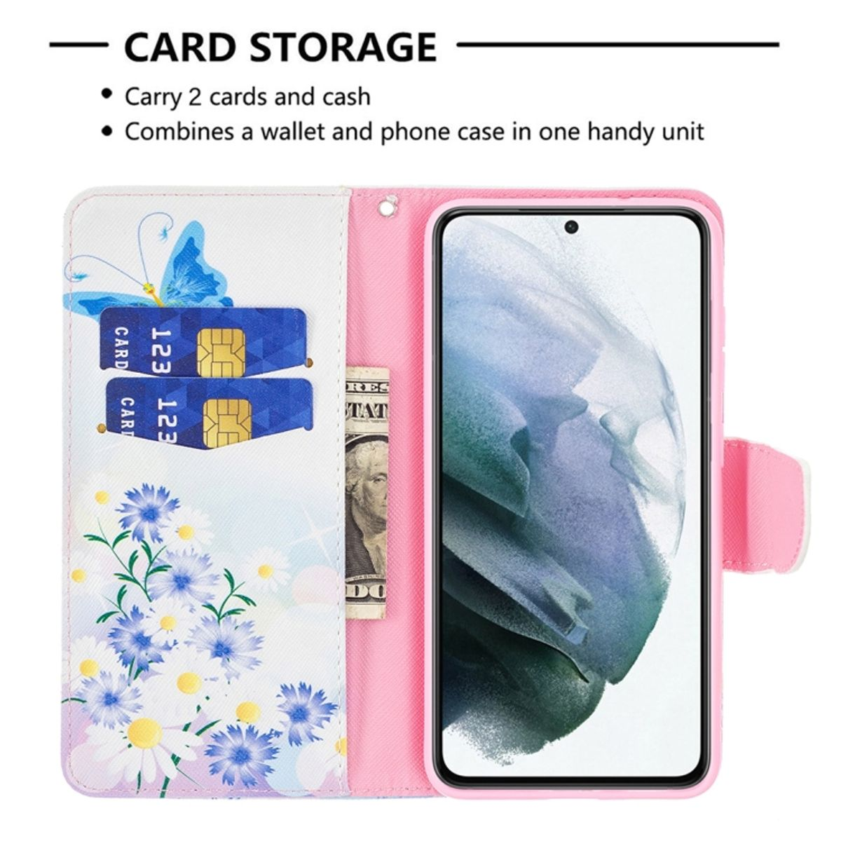 Geöffnete Handyhülle mit Karten, Bargeld, Blumen und Telefon innen.
