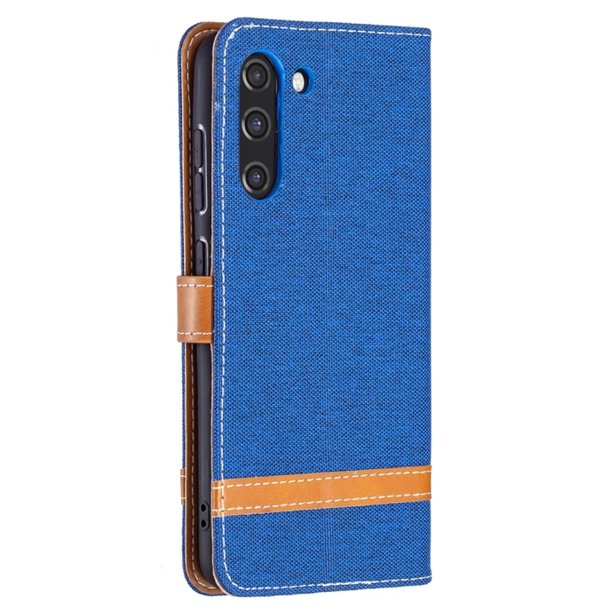 Blaue Handyhülle mit blauem Stoffbezug und braunem Streifen.