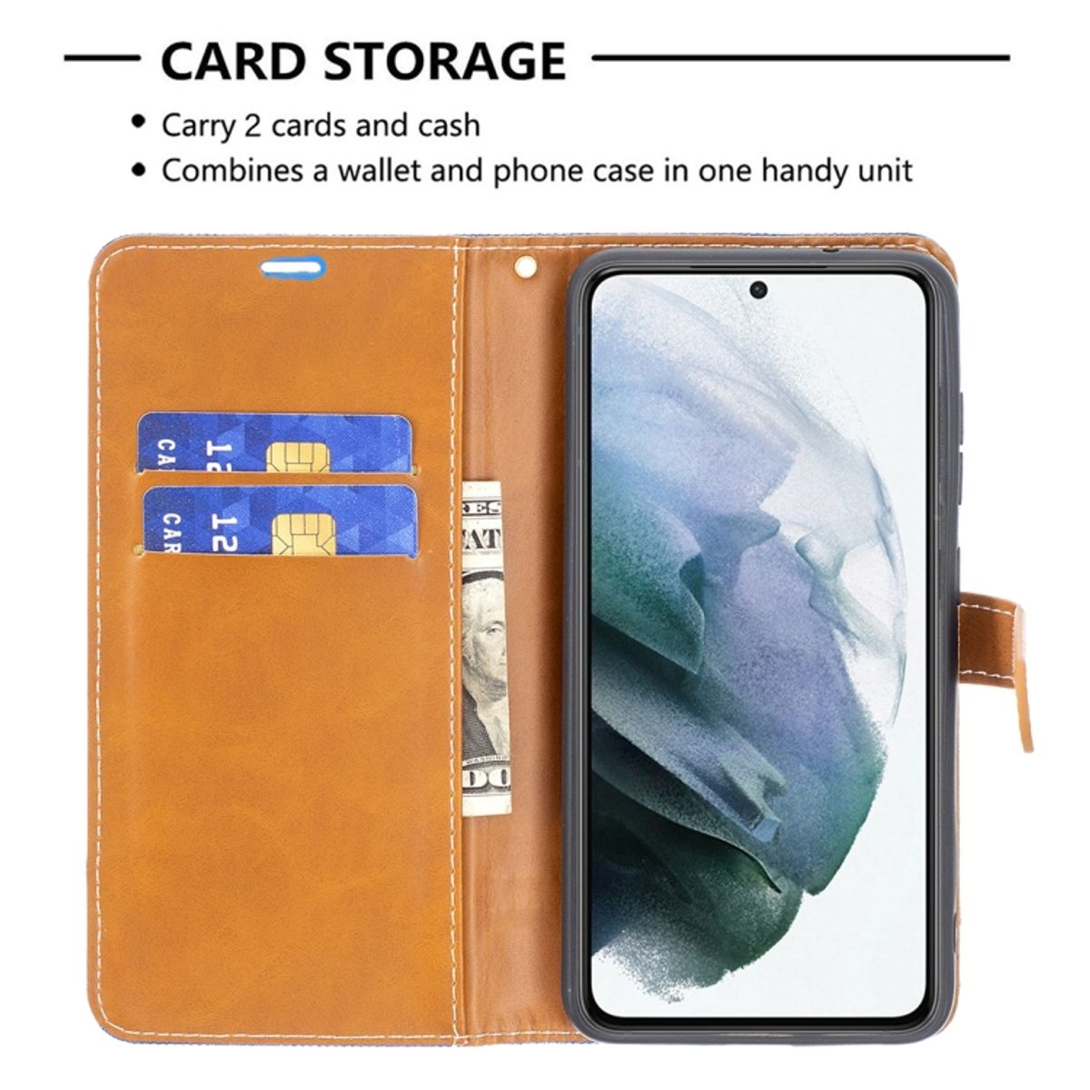 Eine Handyhülle mit Kartenfächern, die Karten und Bargeld enthält, mit einem Telefon darin.