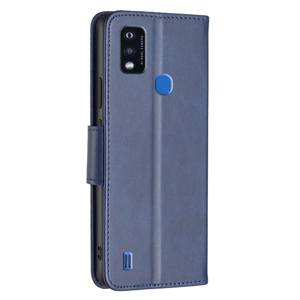 Geschlossene blaue Leder-Handyhülle mit Kamera und Knopf.