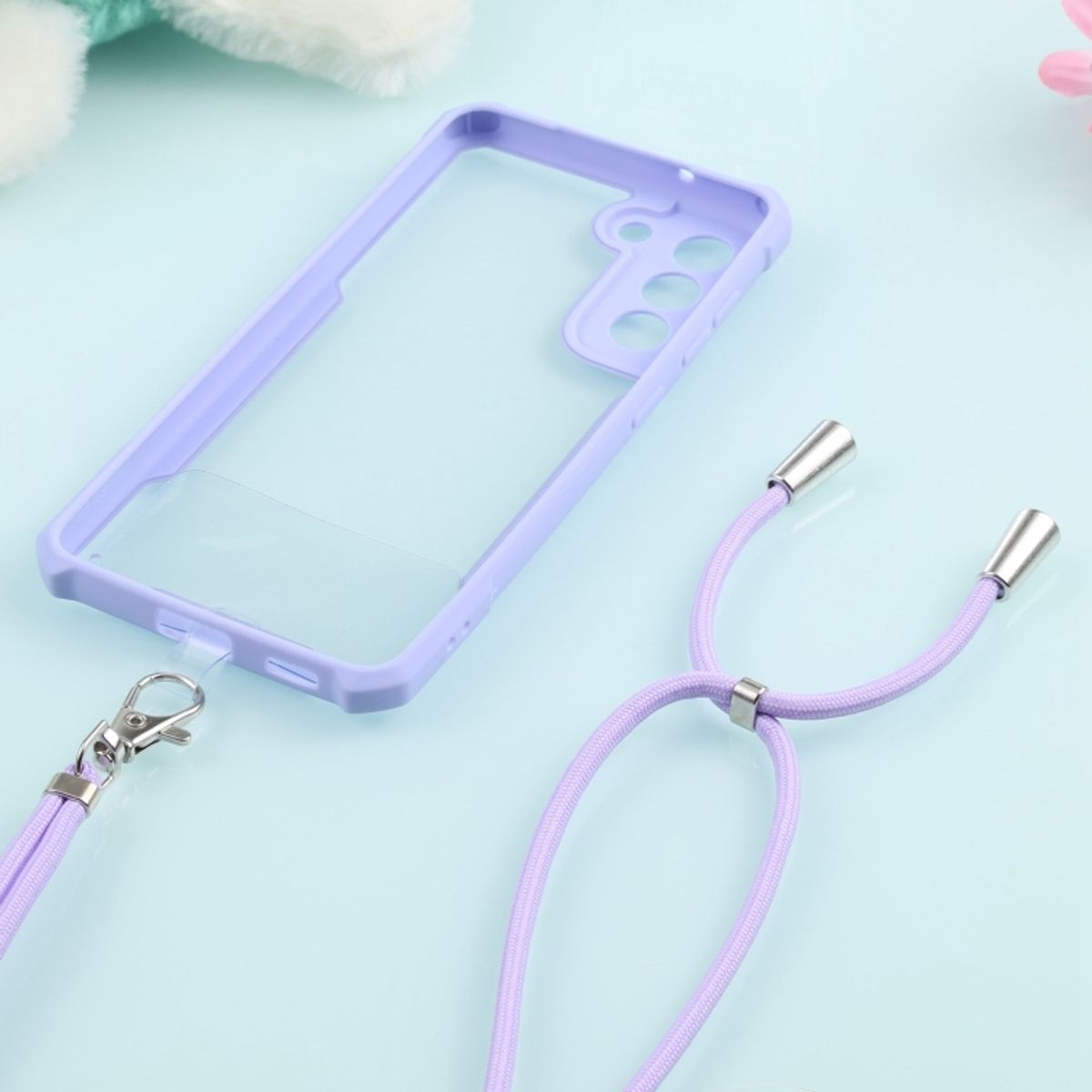 Lila Handyhülle mit lavendelfarbenem Lanyard. Hülle ist leer, bereit für ein Telefon.