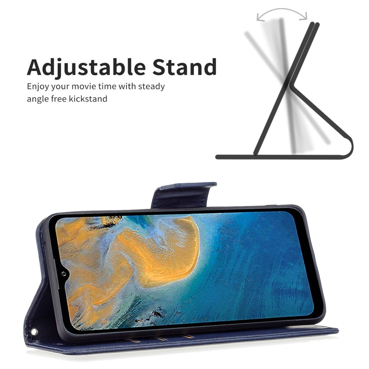 Telefon in blauer Hülle mit verstellbarem Ständer, geöffnet.