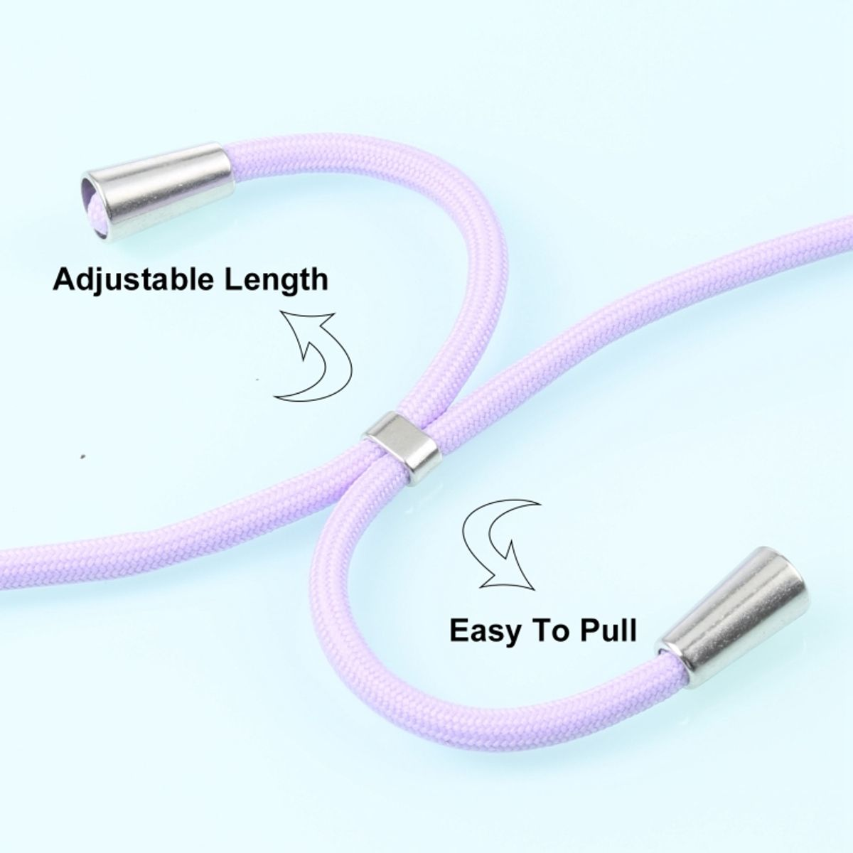 Lila Handy-Lanyard mit Metallenden. Pfeile zeigen verstellbare Länge und einfaches Ziehen.