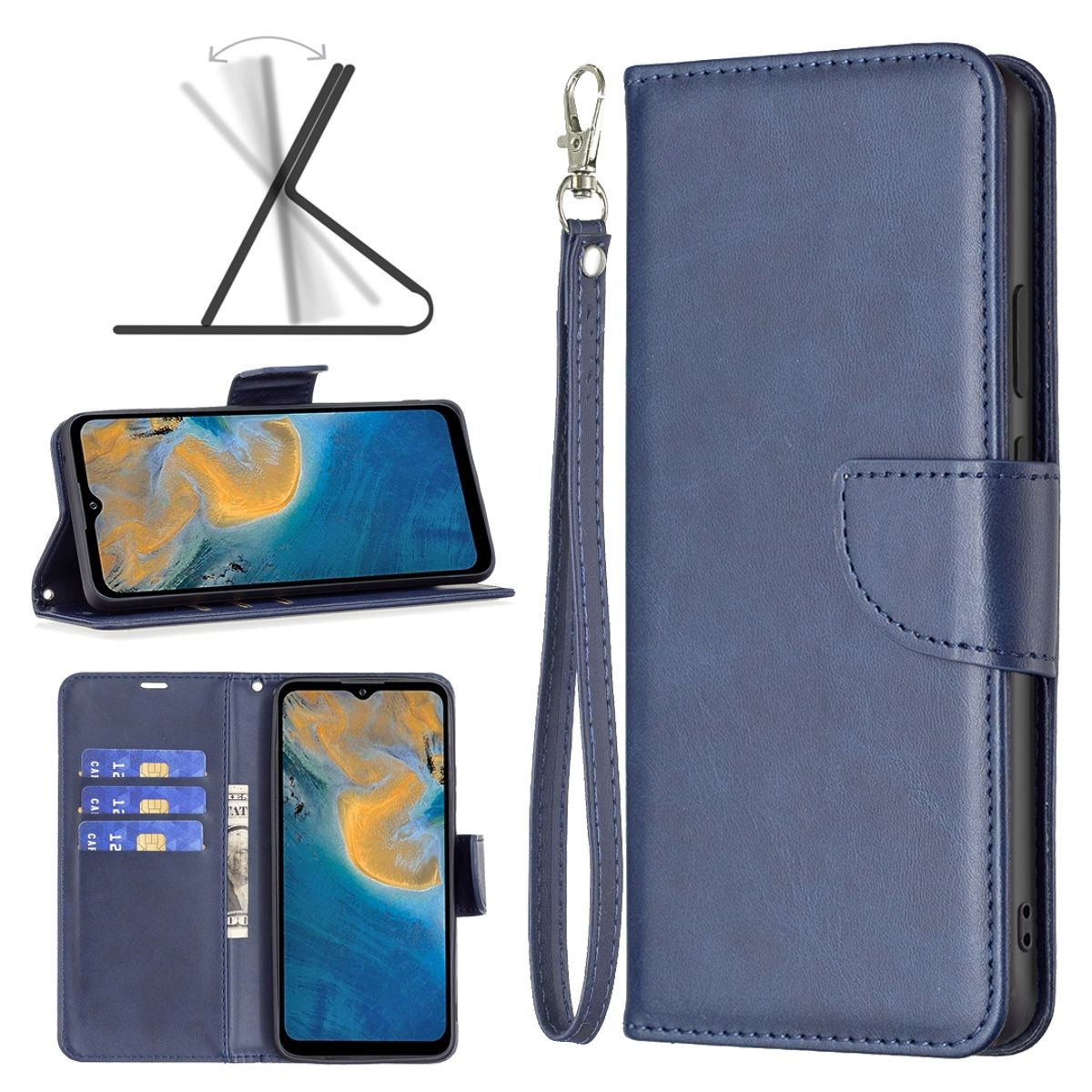 Blaue Leder-Handyhülle mit mehreren Ansichten. Telefon im Inneren angezeigt. Handschlaufe befestigt. Karten und Geld sichtbar.