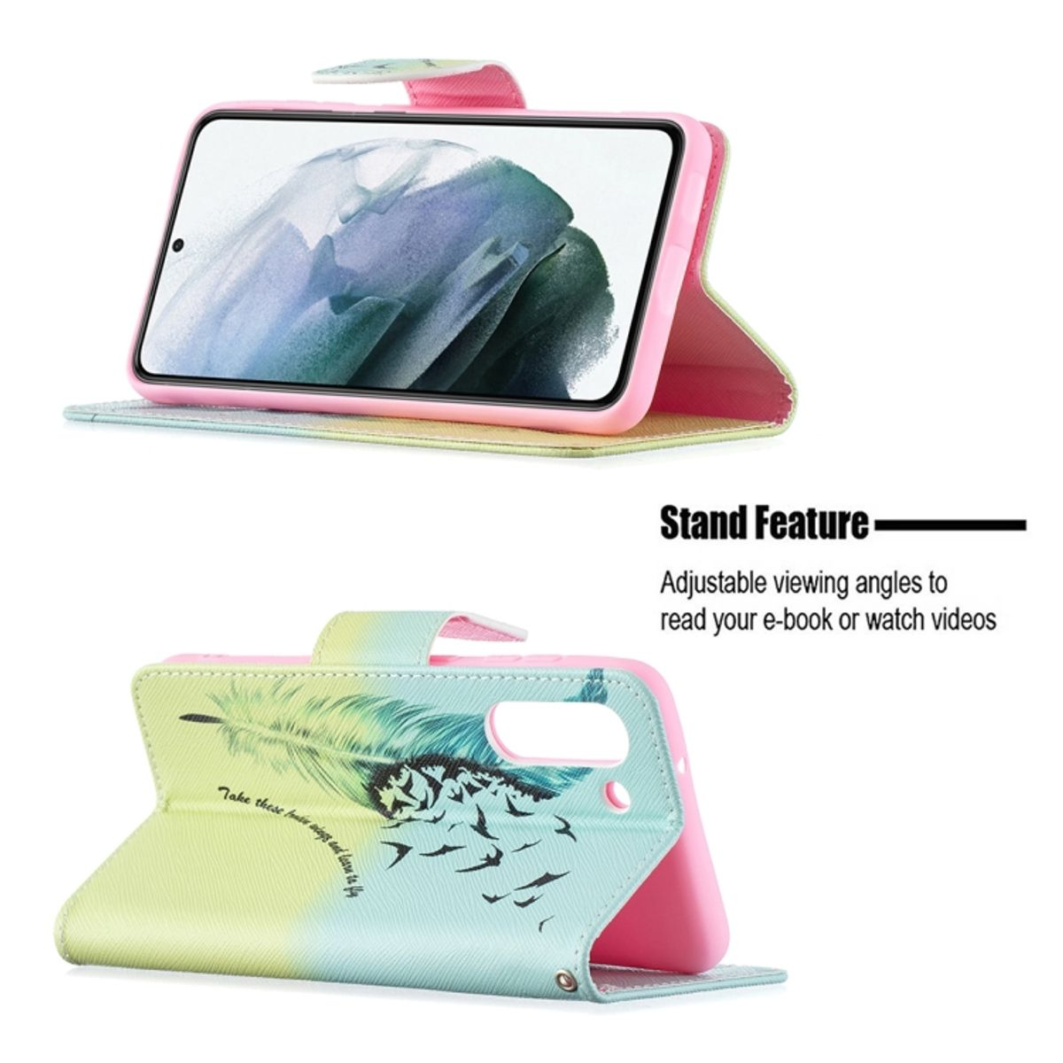 Handyhülle mit rosa Rückseite und Federn- und Vogeldesign, geöffnet, um ein Handy zu halten.