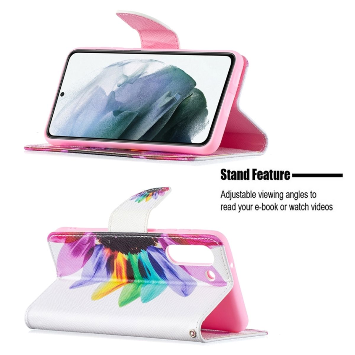 Handyhülle mit Standfunktion, zeigt Telefon mit buntem Blumendesign.