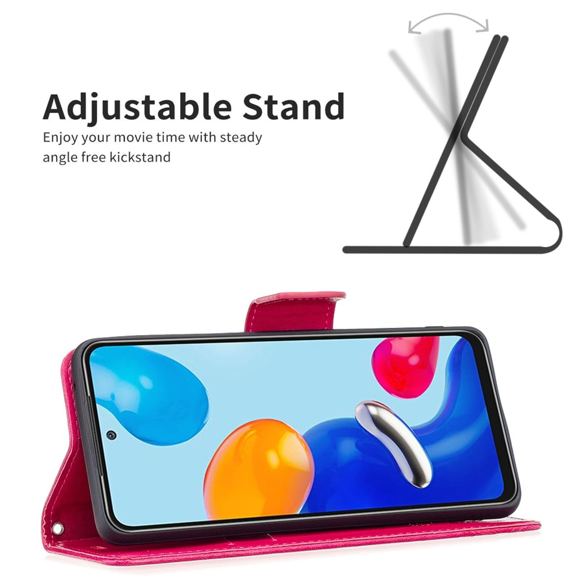 Handyhülle mit verstellbarem Ständer, zeigt Handy-Bildschirm und Ständerfunktion.