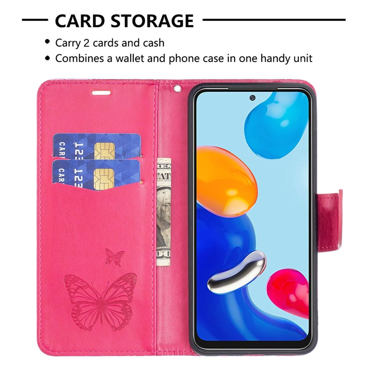 Rosa Handyhülle mit Karten und Bargeld. Telefonbildschirm zeigt blaue, orange und rote Formen.